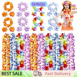 SHNGki 4Pcs set Hawaiian Artificial Flowers Leis Necklace Garland Headband Wedding Birthday Beach Tropical Party Decoration