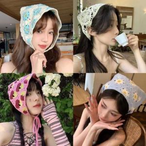 Khăn Trùm Đầu Crochet Handmade Hoa Vintage Hàn Quốc – Mũ Len Headscarf Bandana Boho Y2K Nữ Xinh
