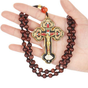 Wooden Rosary Beaded Chain Necklace Orthodox Crucifix Cross Pendant Necklace Religious Prayer Jewelry