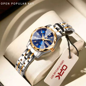 OPK นาฬิกาสำหรับผู้หญิงดีไซน์หน้าปัดเพชรกันน้ำใหม่ทันสมัยและสง่างามออกแบบหน้าปัดเพชรกระจกประดับพลอยไพลินป้องกันรอยขีดข่วนนาฬิกาควอตซ์สแตนเลส Relo สำหรับผู้หญิง