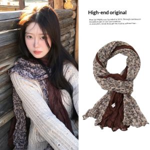 ผ้าพันคอป้องกันคอเสื้อคลุมแบบบางบรรยากาศการเดินทางผ้าพันแบบมีคอจีบผ้าฝ้ายลายดอกไม้ฤดูใบไม้ร่วง