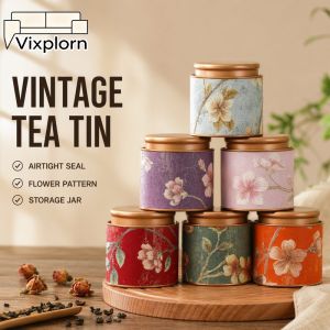 Vixplorn Round Tea Tin Canister Vintage Flower Pattern Airtight Lid Storage Jar For Coffee Sugar Candy