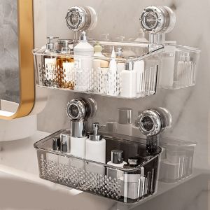 QUERIDO Transparent Suction Cup Shower Rack Plastic Large Capacity Wall Mounted Storage Rack Bathroom Space Saving Draining Basket for Home