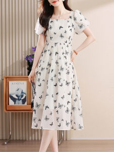 Work MIDI dress women short sleeve square neck high waist a line butterfly print chiffon white work casual evening dinner dating holiday party designer spring summer autumn long dress Korean Galaz