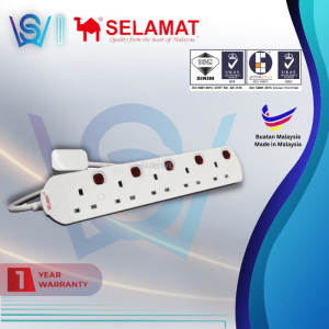 [SIRIM APPROVED] SELAMAT 5 GANG PORTABLE SOCKET OUTLET W/ NEON MA-1185