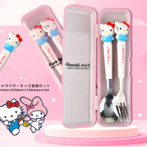 ULEEK Christmas Miniso 2pcs  Cinnamoroll Hello Kitty Kuromi Cartoon Baby Tableware Set Childrens Spoon Fork  Utensils Feeding Tableware