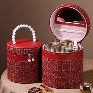 Round Makeup Bag with Mirror Large Capacity Bucket Cosmetic Bag Skincare Organizer Storage Pouch Toiletry Bag