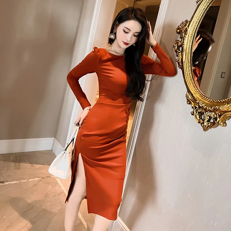 ZY·HT Women Korean Sexy Dress Off Shoulder Long Sleeve High Waist