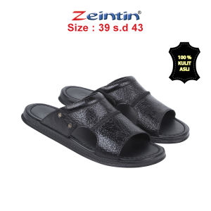 Zeintin - Sandal Slide Pria Bahan Kulit Full Hitam Sandal Selop Pria BK