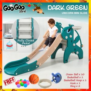 GOOGOO BIRD Unicorn Children Slide Indoor / Outdoor High Safety Guard Fence With Basketball Hoop  Hook And Ring Kids Slide Play Set For Kids