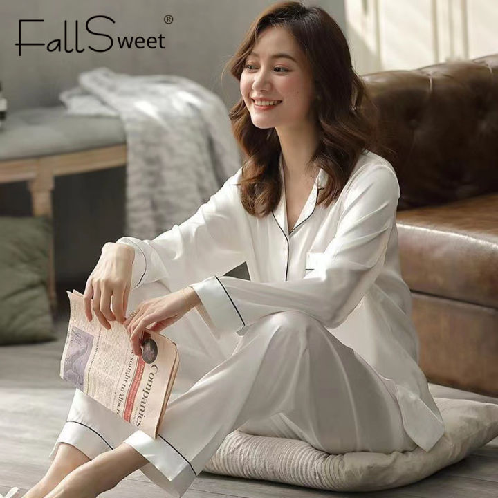 FallSweet Ice Silk Nightwear Women Long Sleeves Pajama Sets V Neck
