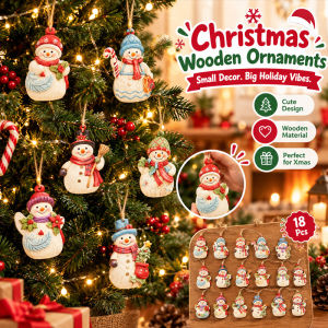 18Pcs Christmas Tree Wooden Hanging Ornaments Cute Snowman Flat Wooden Pendants Xmas Home Decor