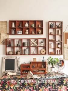 Wall Rack Wall Shelf Display Wall Mounted Shelf Rack Punch-free Display Perforated Solid Wood Plaid Wall Curio Cabinet Wall Mounted Shelf Rack
