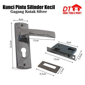 Kunci Pintu Besar Plat Gagang Kotak Silver Silinder Full Set