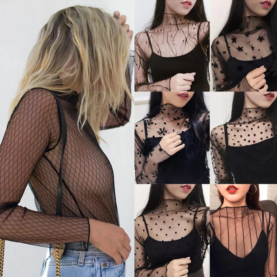 Women See Through Blouse Tee Tops Transparent Mesh Long Sleeve Sheer Shirts