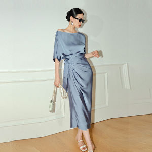 Alisa.Sonya Đầm Ôm Sát Hông Váy Dây Uể Oải Đơn Giản Tay Áo Raglăng Tay Áo Trễ Vai Và Phong Cách Lười Biếng