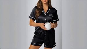 LILLUSORY  Silk Satin Pajamas Set for Women  2  Set of Casual Pajamas Shorts Matching Summer Pajamas Button Shirt Shorts