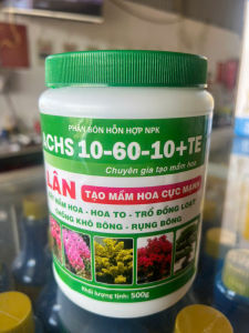 Phâb bón hỗn hợp NPK 10-60-10 Siêu lân tạo mầm hoa cực mạnh. Hủ có khối lượng 500 gram.
