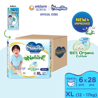 MamyPoko Extra Dry Nature Pants Baby Diapers XL28 (6 Packs) (12 - 17kg) | 100% Organic Cotton