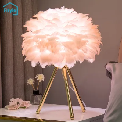 Fityle Feather Shade Table Lamp Modern Bedroom Bedside Desk Night Light Decor