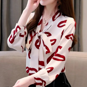 ขนาดใหญ่ขนาดเสื้อชีฟองผู้หญิงใหม่หูกระต่ายอารมณ์อายุลด Red Lip พิมพ์ผู้หญิงแขนยาวเสื้อยาวปิดถึงก้นคุณภาพสูง