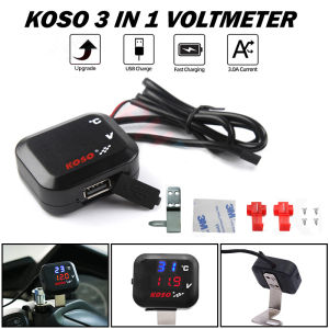 KOSO 3 IN 1 Motorcycle Voltmeter Thermometer With Quick Charging USB Port Waterproof Dual Display
