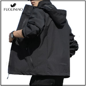 Fuiguiniao Light Weight Jacket Autumn Casual Mens Hooded Tooling Jacket Trend Solid Color Letter Coat Free Shopping