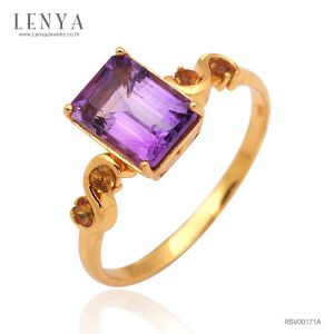 LENYA แหวนพลอยอเมทิสต์ เสริมความสงบใจ มีสติ มั่งคั่ง ขนาด 8x6 มิล ตัวเรือนเงินแท้925 ชุบทองคำ