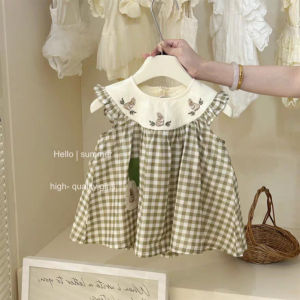 DGUKYM Adorable Korean Style Summer New 1-7T Rabbit Green Plaid Dress Baby Chic Princess Dress