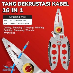 Tang Dekrustasi 16 In 1 Kupas Potong Lilit Belah Crimping Skun Buka Baut Hex Kabel Listrik Multifungsi Wire Stripper