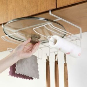 Multifunctional No Drill Hanging Kitchen Storage Rack Under Cabinet Pot Lid Holder Cutting Board Shelf Hook Rak Dapur