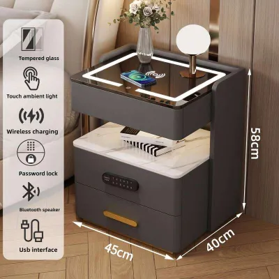 Cimison Smart Nightstand with LED Night Light – Wireless Fast Charging 2 Type-C Ports Lockable Storage Durable Sintered Stone Top & Leather Finish Solid Wood – Assemble-Free
