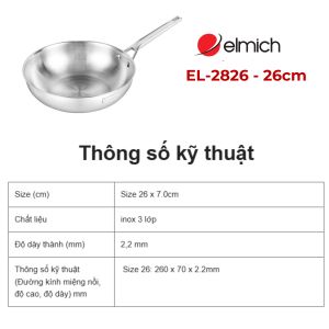 Chảo Xào Inox 03 Lớp Liền Thân Elmich Trimax EL-2826 Size 26cm -28cm Inox 304 An Toàn Dùng Mọi Loại Bếp