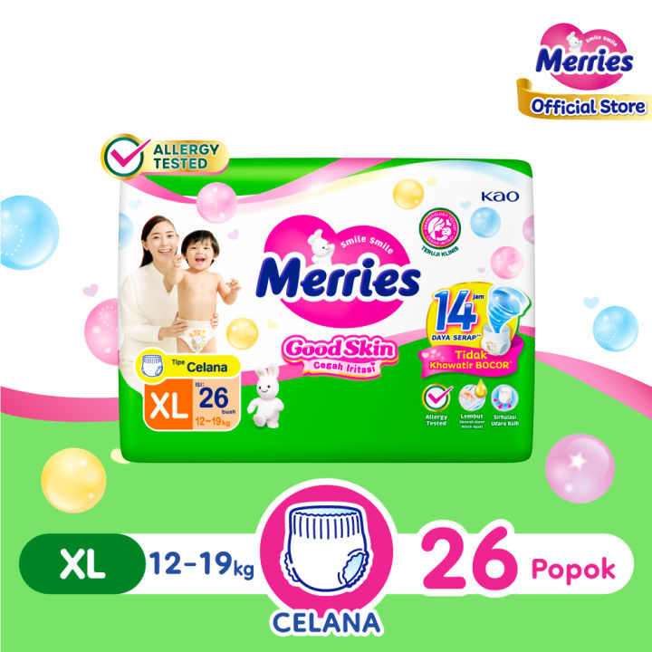 Merries Good Skin Pants Popok Perlangkapan Bayi XL (12-19kg) Kurangi Risiko Alergi Pada Kulit Bayi Isi 26 Buah