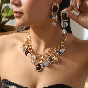 shiqinbaihuo Retro Luxuriou Vòng Cổ Bông Tai Set Bohemian Nhựa Đá Quý Đính Cườm Đồ Trang Sức Cho Phụ Nữ Đảng Quà Tặng