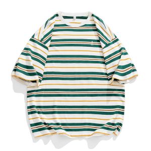 เสื้อยืดโอเวอร์ไซซ์ลายทางสไตล์เกาหลี เสื้อสุดชิค ทรงหลวมใส่สบาย (M-3XL)