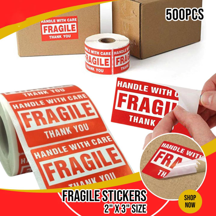 500 PCS/ROLL Red Fragile Sticker Handle with Care Warning Shipping ...