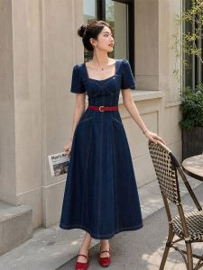 Fashion Short Sleeve Denim Dress Womens New Retro Square Neck Bubble Sleeve Dress Slim Skinny High Waist Denim Dress