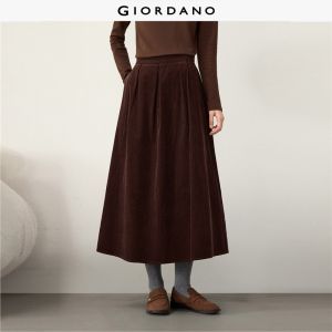 Giordano Beau Monde Women Half elastic waist pleated a-line corduroy skirt Free Shipping 13466712