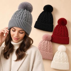CANICECA Winter Warm Pullover Cap Earmuffs with Fluffy Ball Knitted Hat Simple All-match Beanies Cap for Male Female