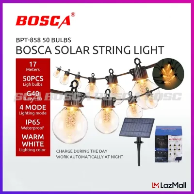 BOSCA 50 Bulbs Solar String Light G40 Warm White 17 Meters IP65 Holiday Lights Christmas Lights 8 Lighting Modes BPT-858