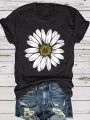 Women's Casual Daisy Flower Print T-Shirt - Soft Polyester Crew Neck Tee, Black with White Daisy Design, Short Sleeve, Perfect for Summer Outfits, Ladies T Shirts. 