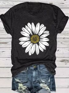 Womens Casual Daisy Flower Print T-Shirt - Soft Polyester Crew Neck Tee Black with White Daisy Design Short Sleeve Perfect for Summer Outfits Ladies T Shirts