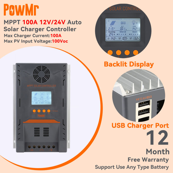 PowMr 100A MPPT Solar Controller 12V 24V LCD Display 0 Layer with Dual ...