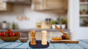 GORGECRAFT Burlywood Arch Wood Tea Serving Tray Wooden Salt and Pepper Mill Tray Holder Bamboo Condiment Tea Serving Tray Grinder Rest for 2 Mills Accessories Tea Kitchen Storage Home Decor