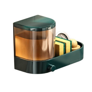 Ginca With Drain Tray Wall Mounted Soap Dispenser With Sponges Holder Hand Press Dishwashing Liquid Holder Large Capacity Waterproof