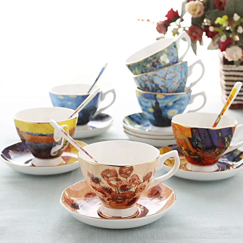Van Gogh Painting Star Coffee Porcelain Cup and Saucer Set Ceramic Ware  Bone China English Afternoon Tea Cup and Dish Spoon Set
