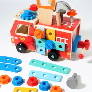 Wooden Toy Tool Cart for Kids – Montessori Disassembly & Assembly Set with Gears Saw and Hammer – Role-Play Gift for Developing Fine Motor Skills