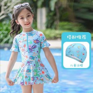 (1-7th) Baju renang anak import biru pink set topi bayi rok senam muslim lengan pendek resleting depan impor