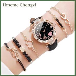 Hmeme 6pcs set Womens Watch Casual Flower Quartz Watch PU Leather Wrist Watch Bracelets Combination Set Jewelry Gift For Women Girl